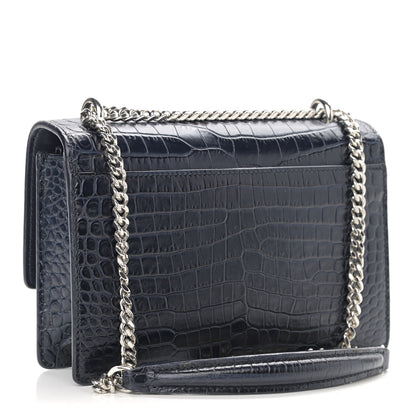 Saint Laurent Calfskin Crocodile Embossed Monogram Sunset Chain Wallet Navy 3 of 15