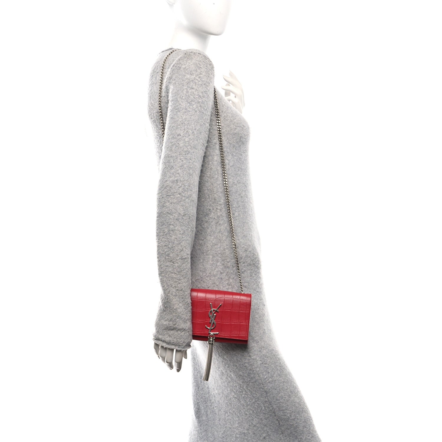 Saint Laurent Calfskin Crocodile Embossed Small Classic Monogram Kate Tassel Satchel Red 2 of 9