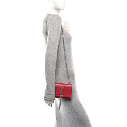 Saint Laurent Calfskin Crocodile Embossed Small Classic Monogram Kate Tassel Satchel Red 2 of 9