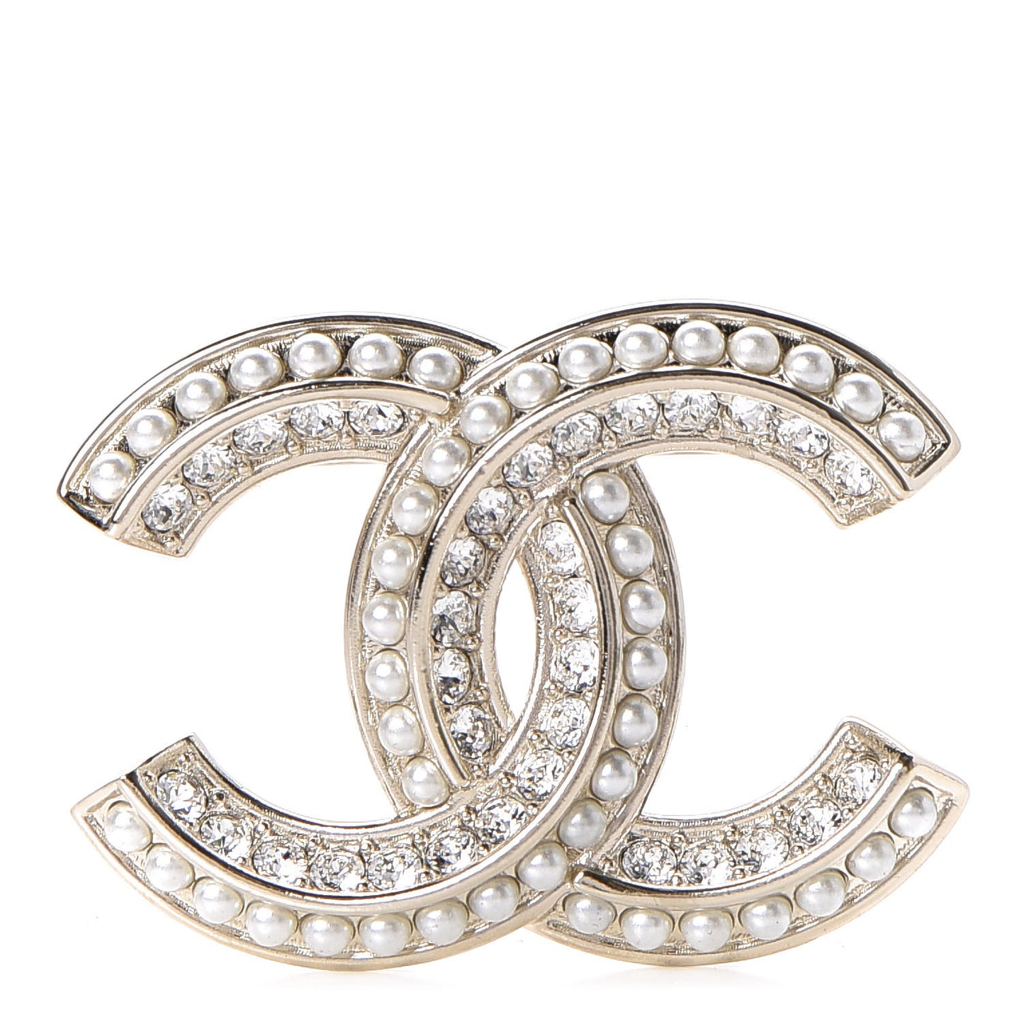 Crystal Pearl Chain Mania CC Brooch Gold