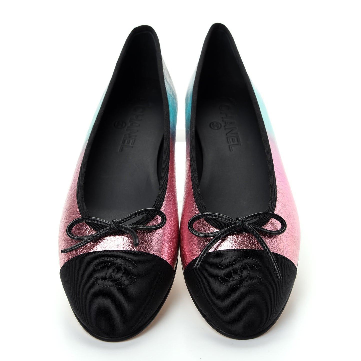 Laminated Calfskin Grosgrain Cap Toe CC Ballerina Flats 40 Multicolor Black