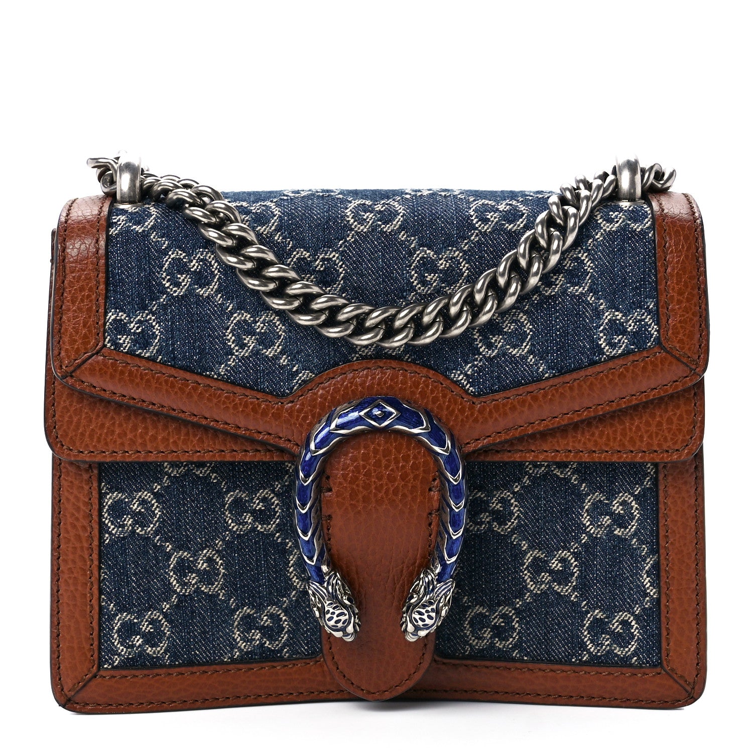Gucci New Denim GG Monogram Dollar Calfskin Enamel Mini Dionysus Shoulder Bag Blue Tea Cuir Epilog Electric Blue 1 of 12