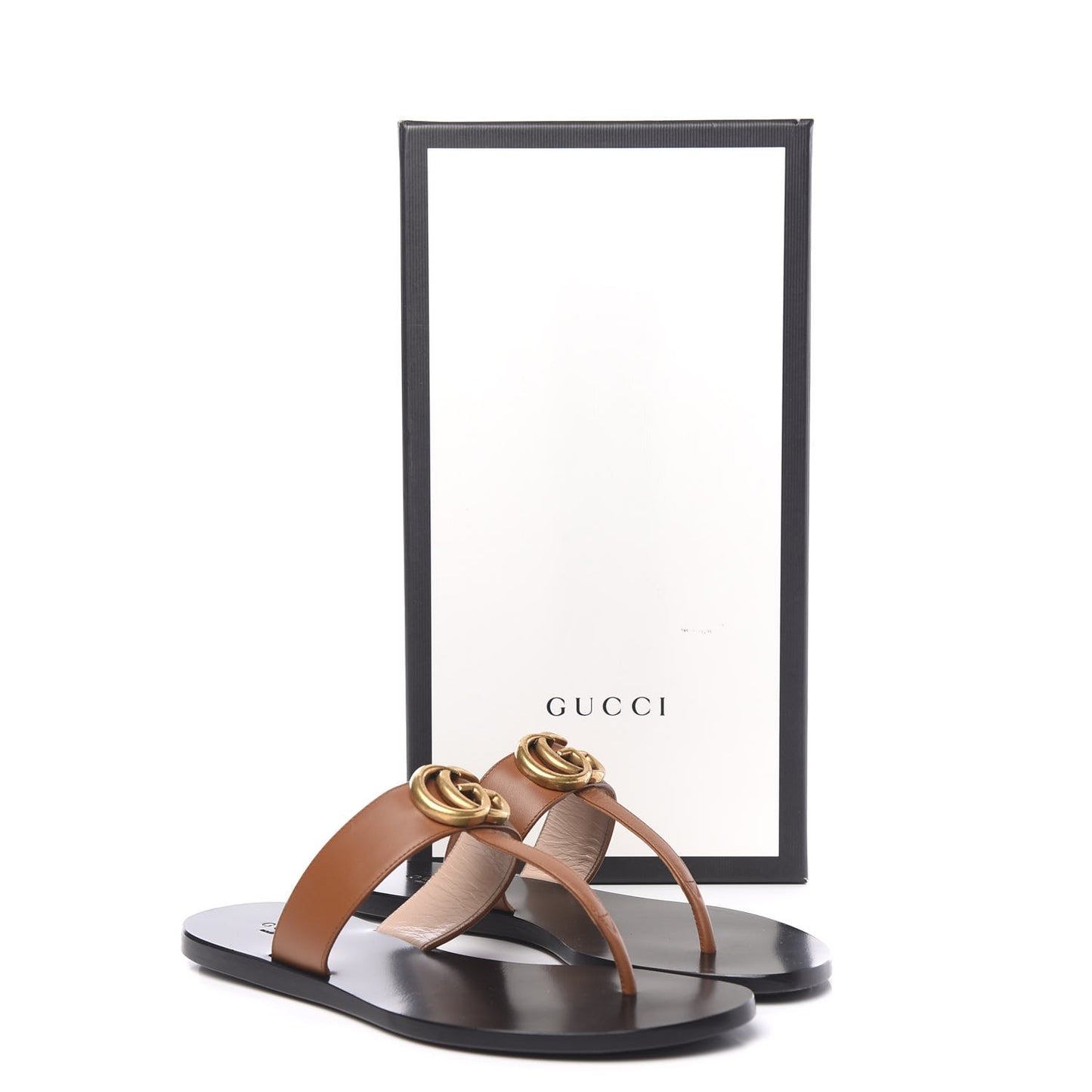 Calfskin GG Marmont Thong Sandals 35.5 Cognac