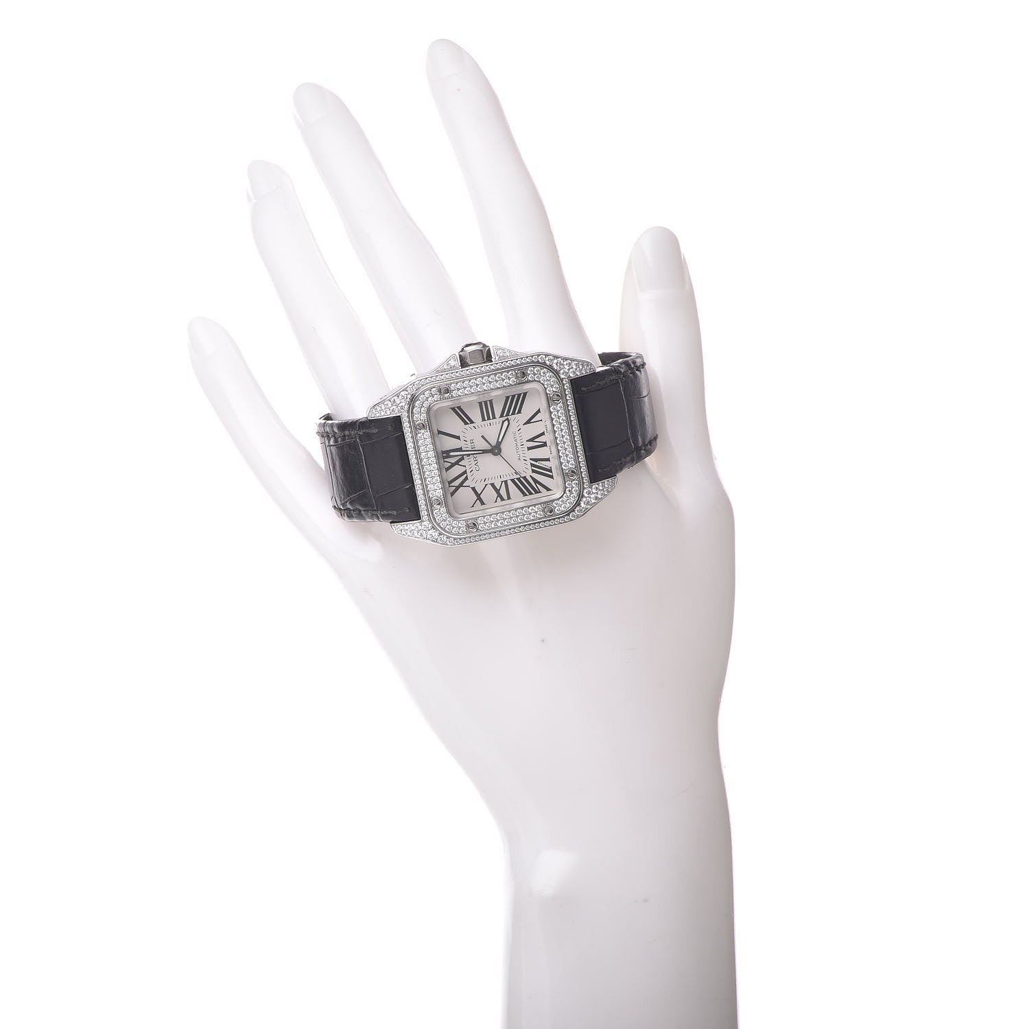 Cartier Stainless Steel Alligator Diamond Pave Bezel 33mm Santos 100 Automatic Watch 2 of 9