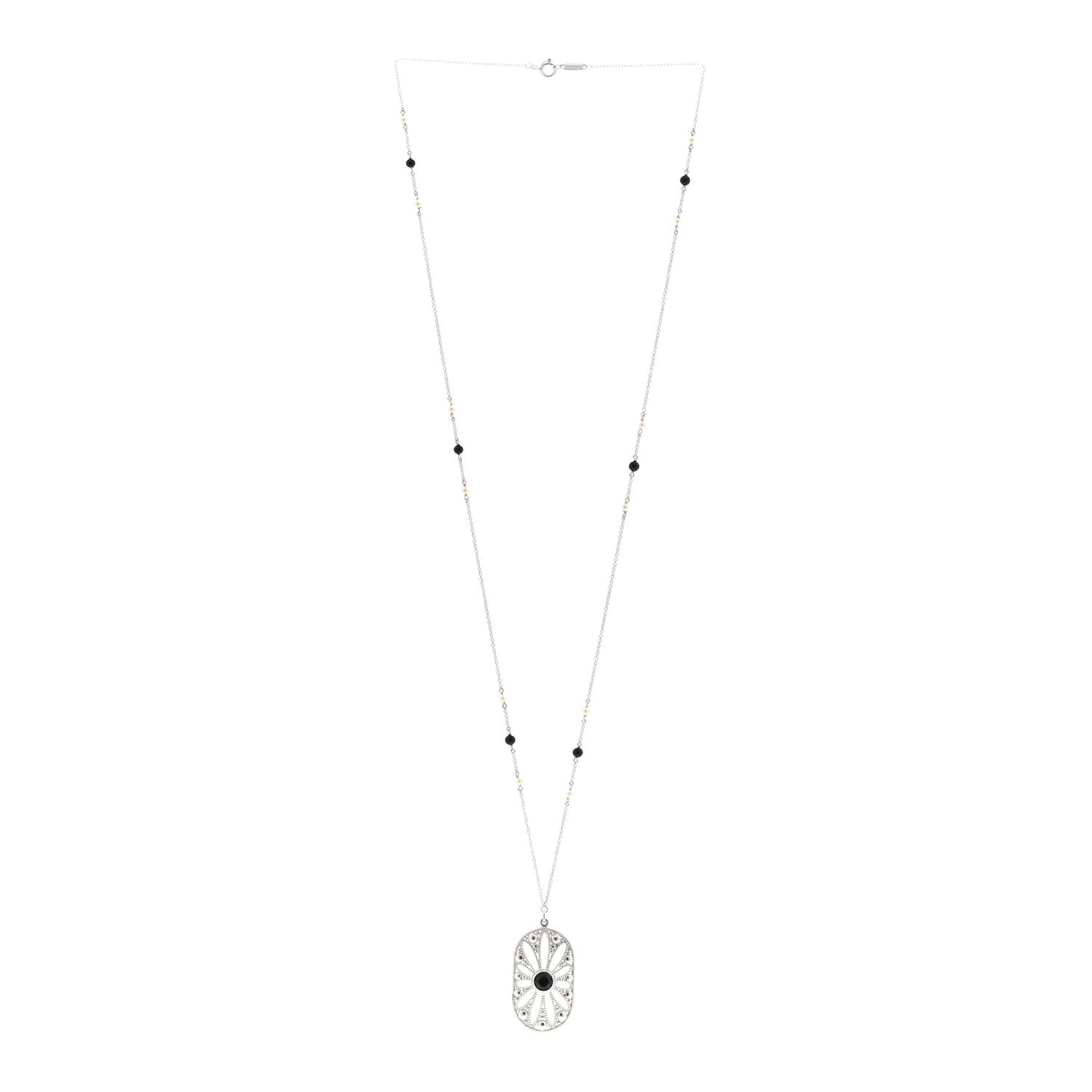 Sterling Silver Black Onyx Cultured Pearl Ziegfeld Daisy Pendant Necklace