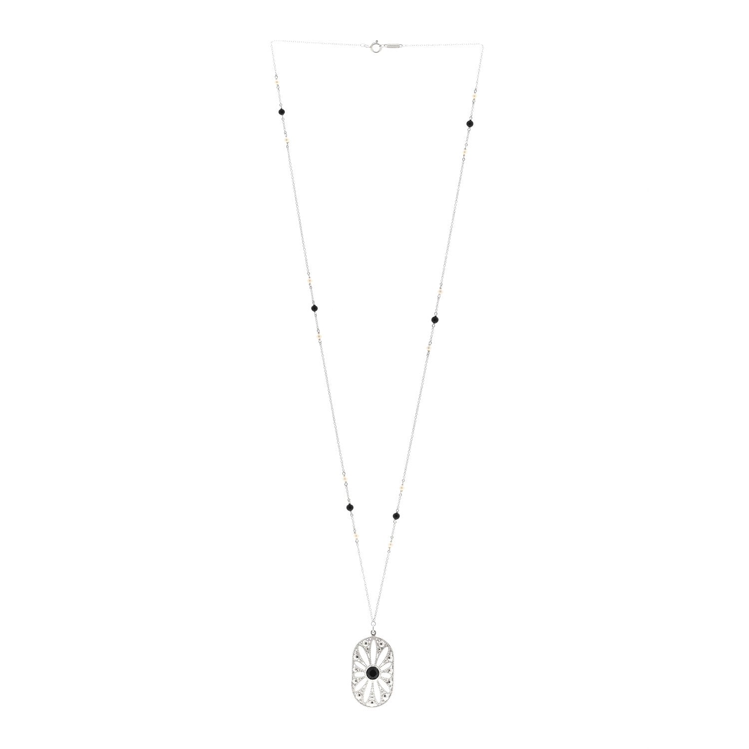 Tiffany Sterling Silver Black Onyx Cultured Pearl Ziegfeld Daisy Pendant Necklace 3 of 5