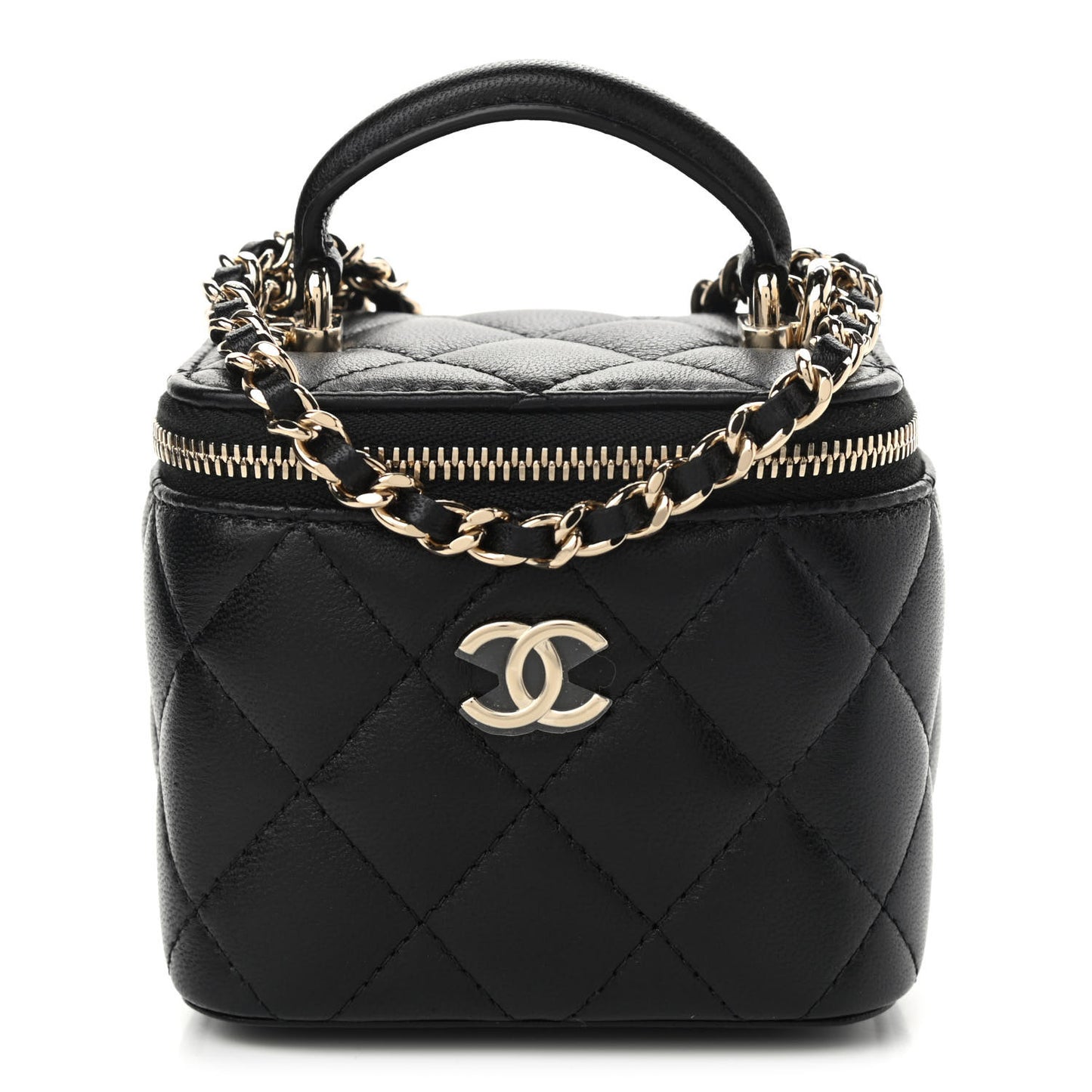 Lambskin Quilted Top Handle Mini Vanity Case With Chain Black