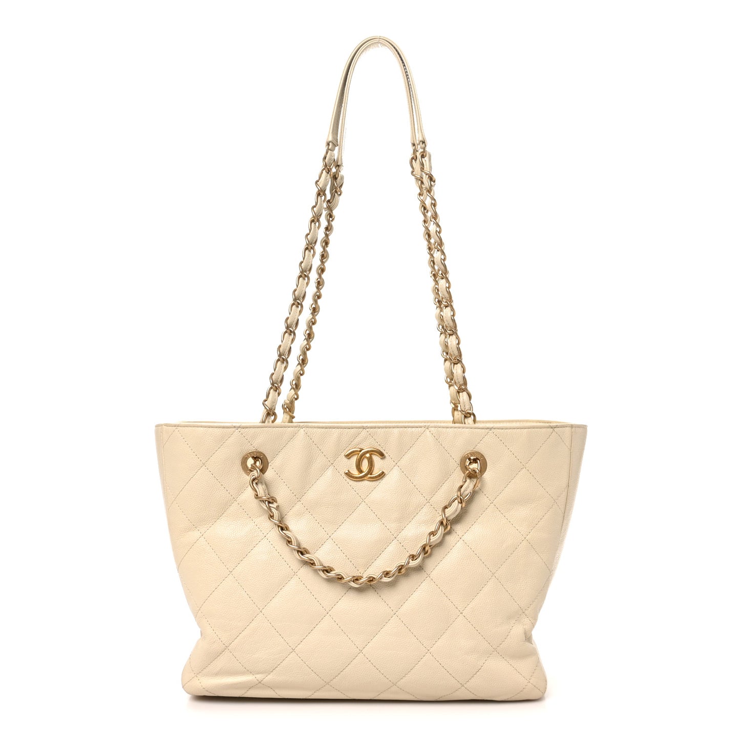Caviar Quilted Small Trapezoid Chain Shopping Tote Ivory