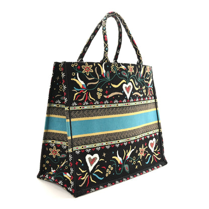 Christian Dior Canvas Embroidered Large Flowers Heart Book Tote Black Multicolor 3 of 9