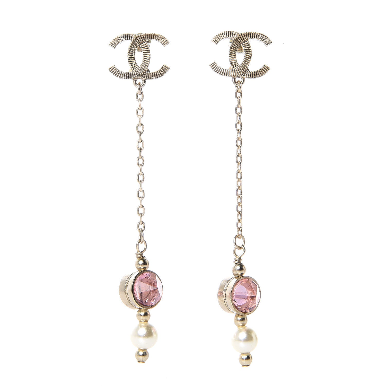 Chanel Crystal Pearl CC Drop Earrings Pink Gold 1 of 4