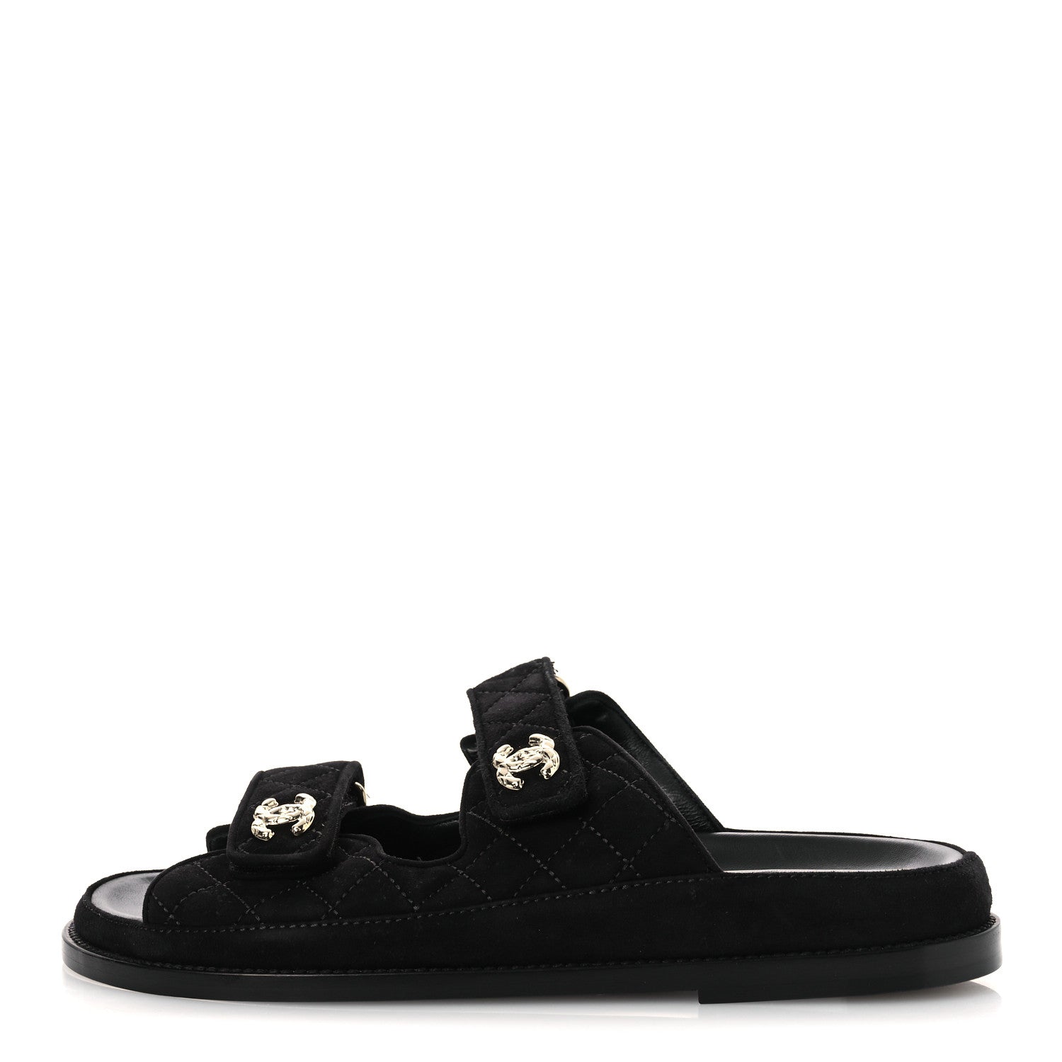 Chanel Suede Kidskin Quilted Velcro Dad Chain CC Slide Sandals 40 Black 1 of 11