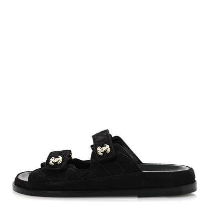 Chanel Suede Kidskin Quilted Velcro Dad Chain CC Slide Sandals 40 Black 1 of 11