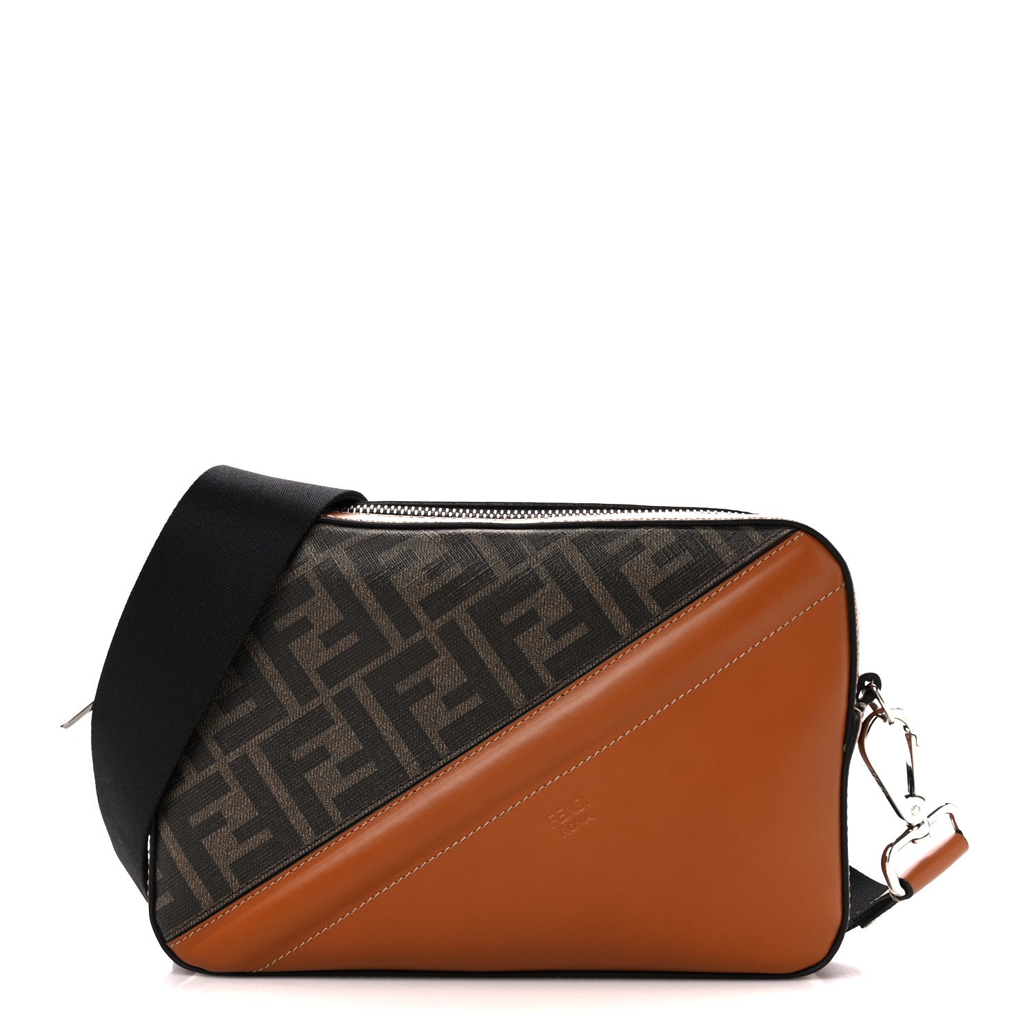 Fendi Glazed Fabric Vitello Cover FF 1974 Diagonal Bi-Color Medium Camera Case Tobacco Moro Cuoio 1 of 13