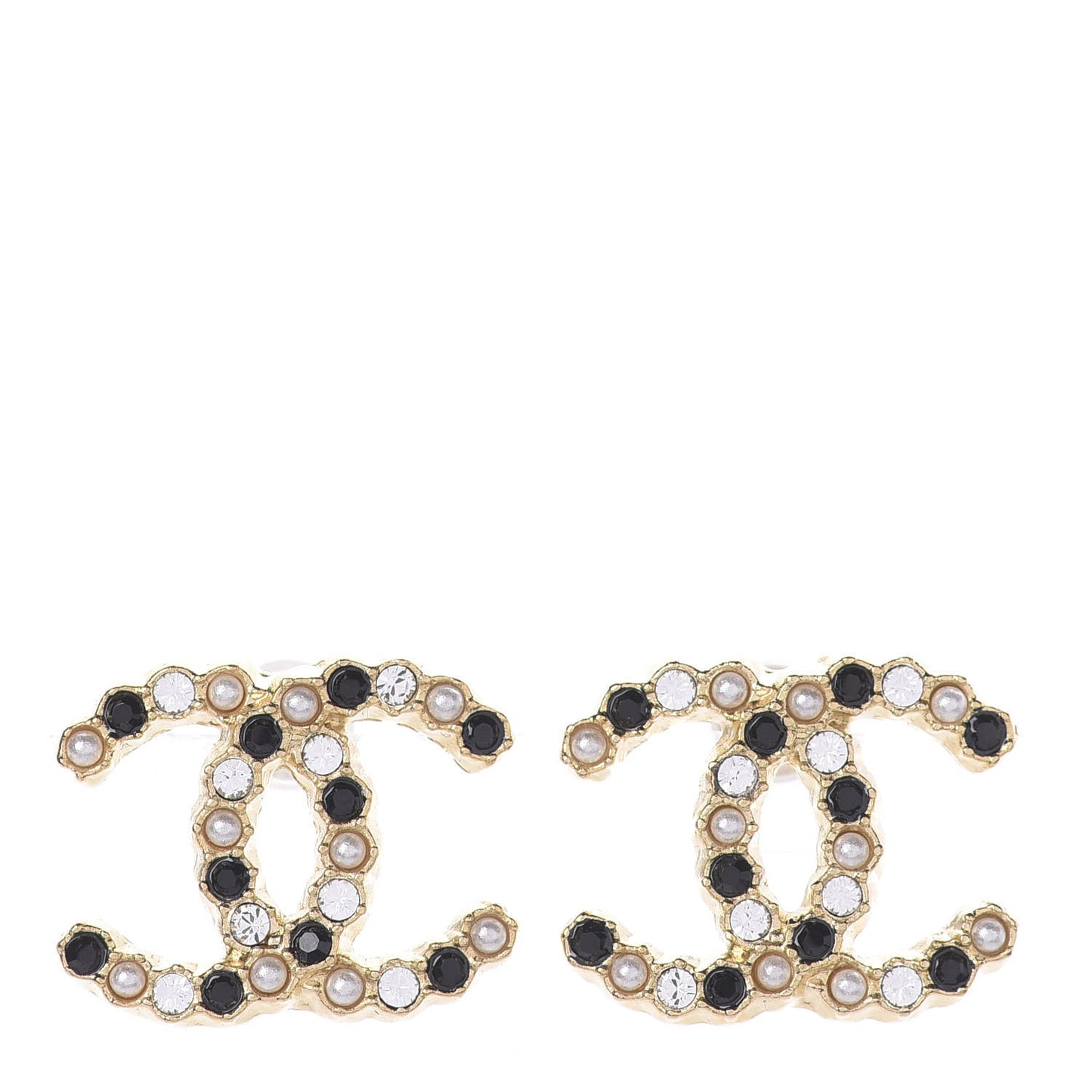 Resin Pearl Crystal CC Earrings Gold Black