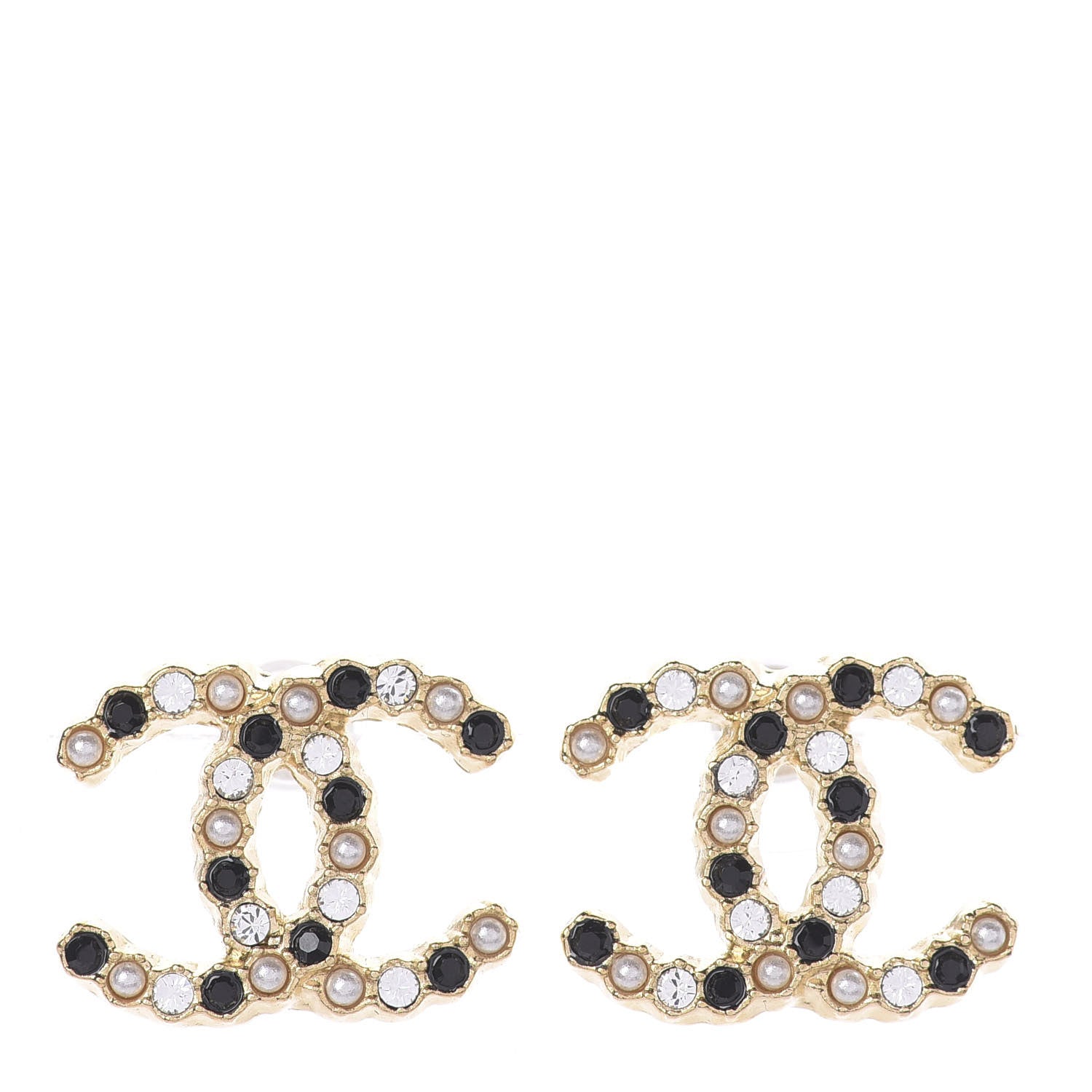 Chanel Resin Pearl Crystal CC Earrings Gold Black 1 of 4