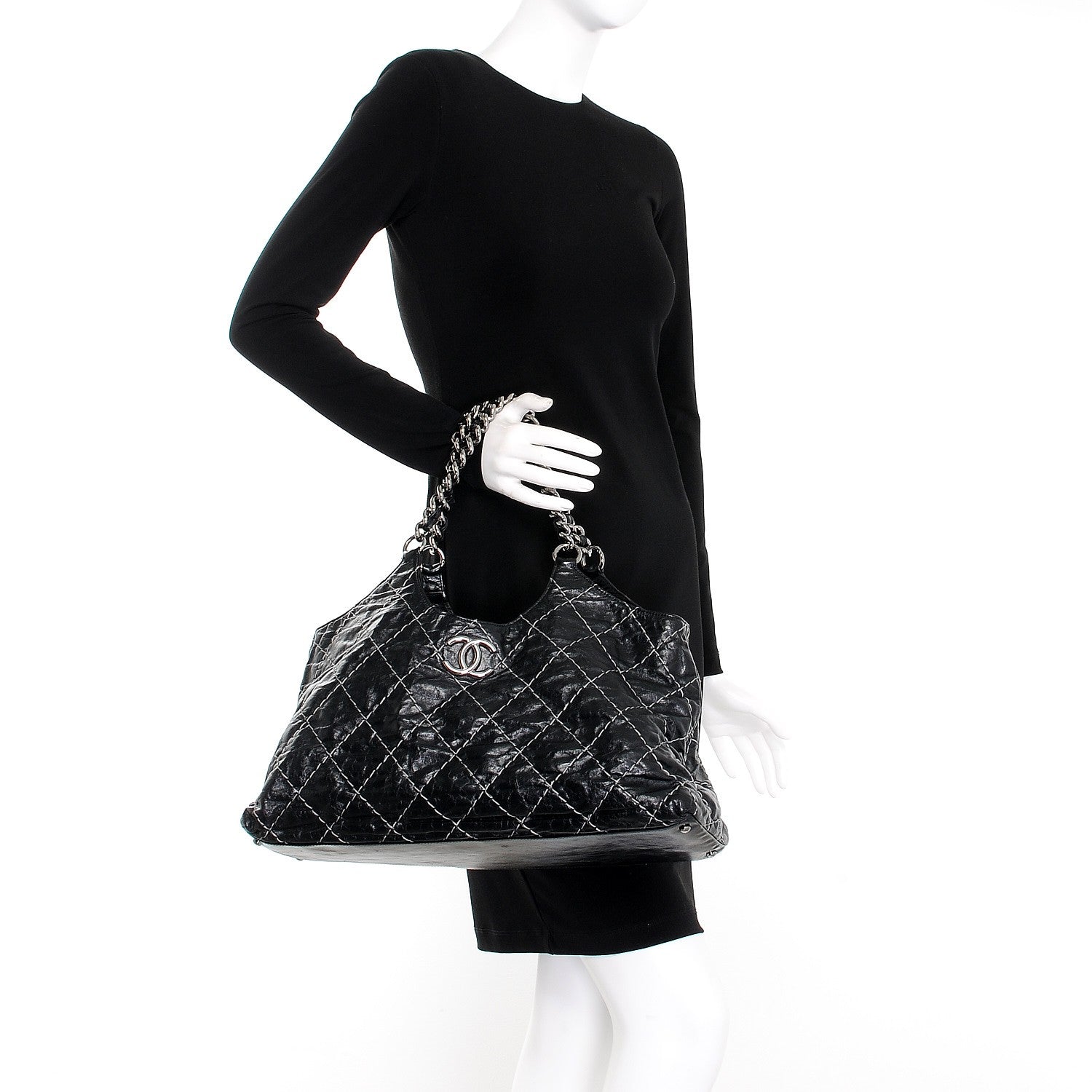 Chanel Glazed Goatskin Double Contrast Stitch Tote Black 2 of 10
