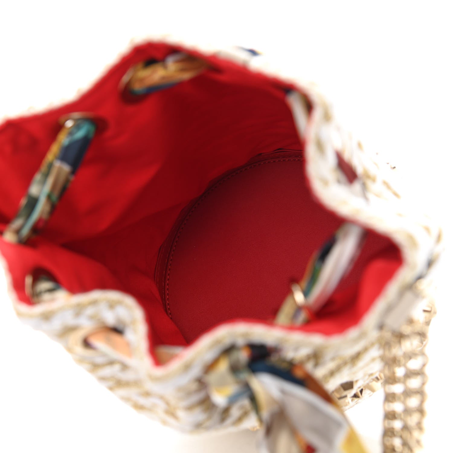 Christian Louboutin Woven Jute Crepe Satin Studded Marie Jane Bucket White Gold 5 of 9