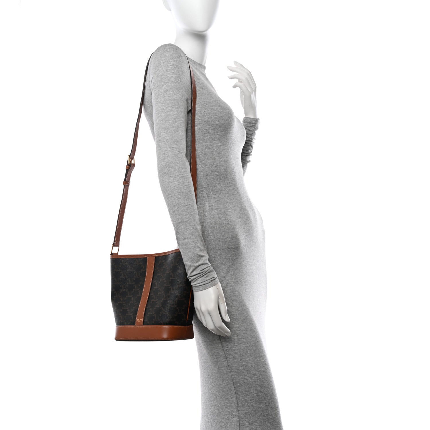 Celine Triomphe Canvas Calfskin Small Bucket Bag Tan 2 of 10