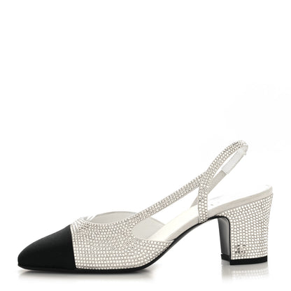 Chanel Strass Grosgrain Cap Toe CC Slingback Pumps 37 Silver Black 1 of 8
