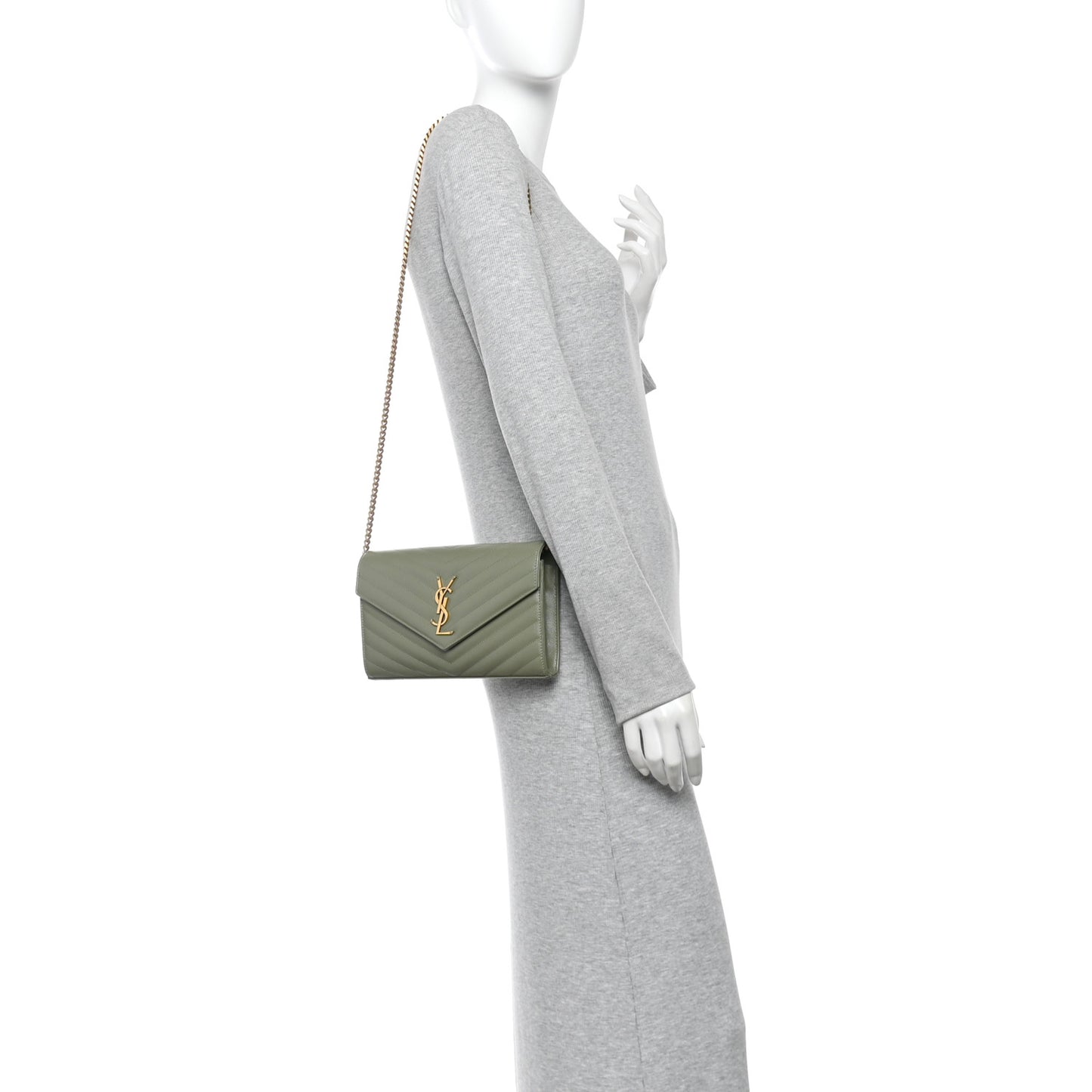Grain De Poudre Matelasse Chevron Monogram Chain Wallet Light Sage