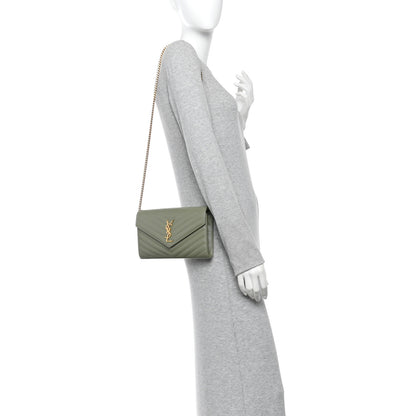 Saint Laurent Grain De Poudre Matelasse Chevron Monogram Chain Wallet Light Sage 2 of 10