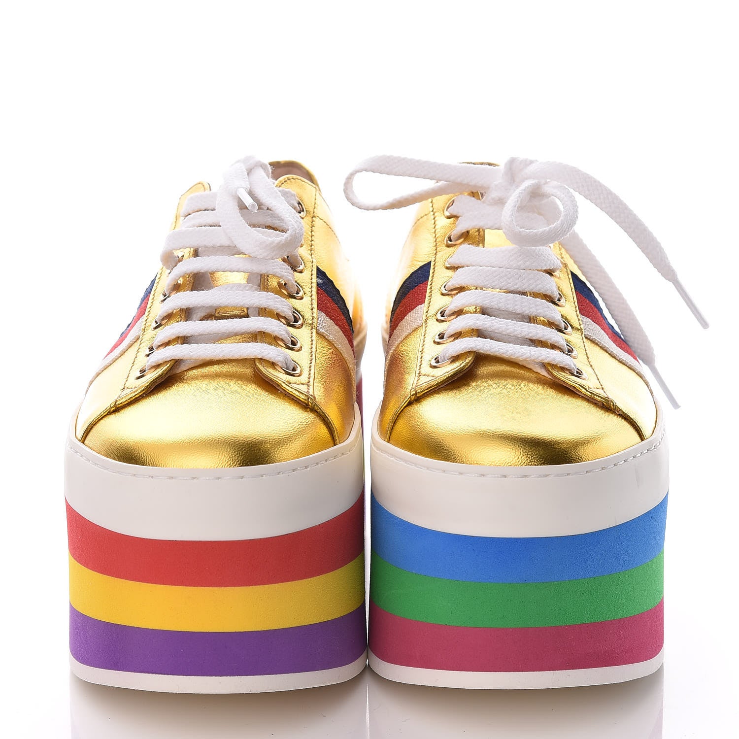 Gucci Metallic Nappa Sylvie Web Peggy Platform Sneakers 37.5 Oro Vecchio 2 of 12
