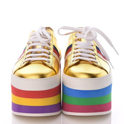 Gucci Metallic Nappa Sylvie Web Peggy Platform Sneakers 37.5 Oro Vecchio 2 of 12