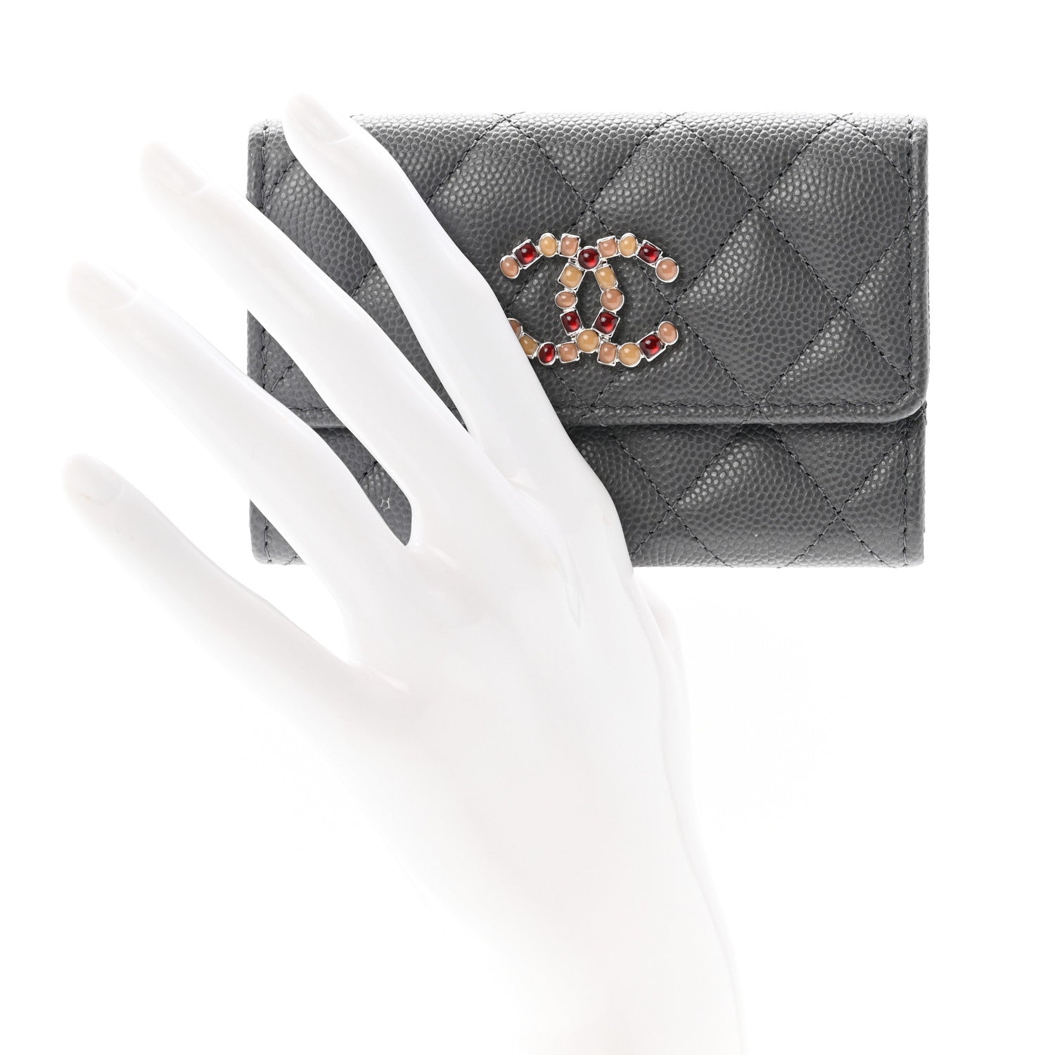 Chanel Shiny Caviar Enamel Quilted CC Flap Card Holder Grey 2 of 9