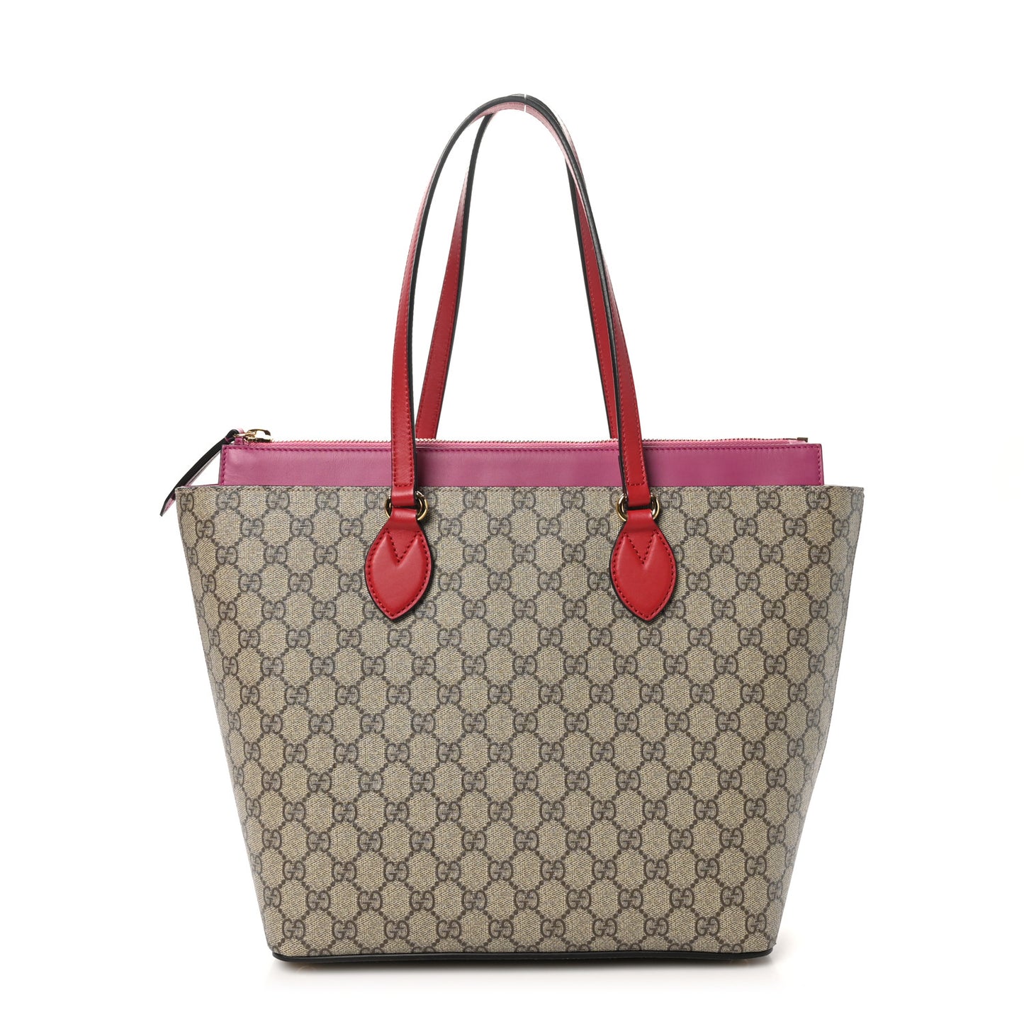 GG Supreme Monogram Medium Zippered Bucket Tote Beige Hibiscus Red New Rosette