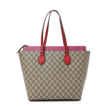 Gucci GG Supreme Monogram Medium Zippered Bucket Tote Beige Hibiscus Red New Rosette 1 of 11