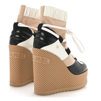 Chanel Fabric Lambskin Calfskin Runway Wedge Short Platform Boots 37 Black White Beige 5 of 8