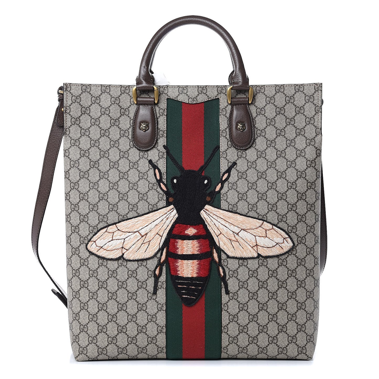 GG Supreme Monogram Web Animalier Bee Vertical Tote Brown