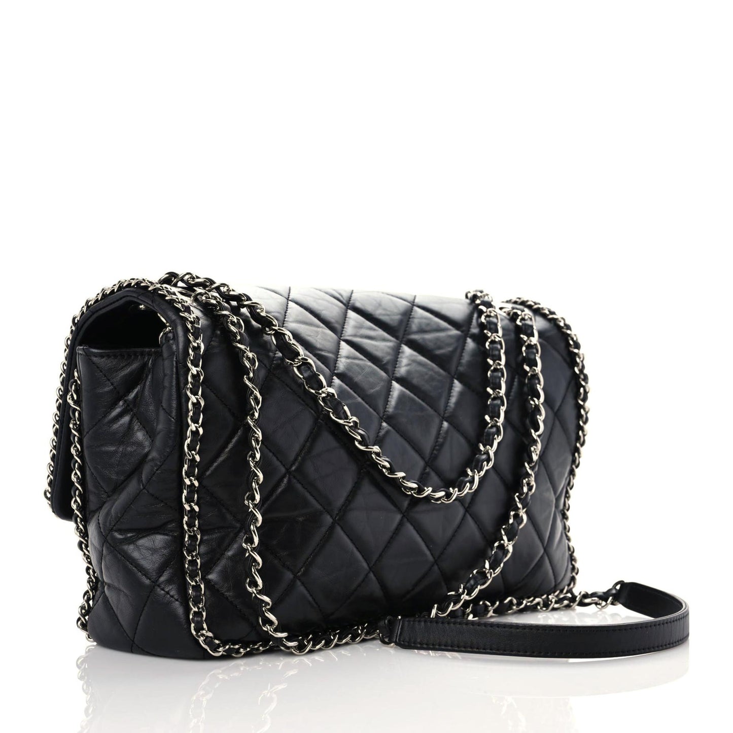 Crumpled Calfskin Quilted Large Chain All Over Flap Bag Black