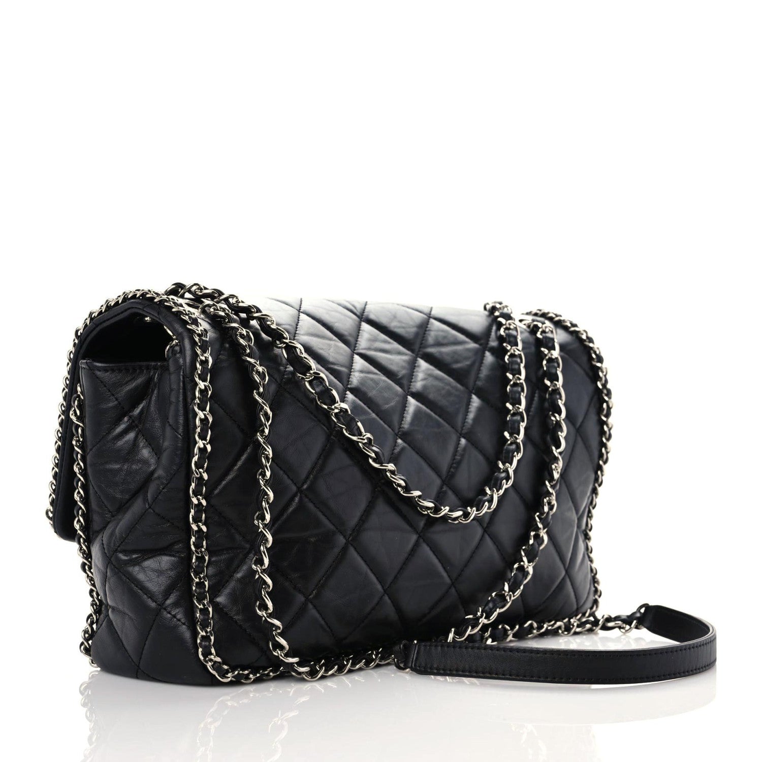 Chanel Crumpled Calfskin Quilted Large Chain All Over Flap Bag Black 3 of 15