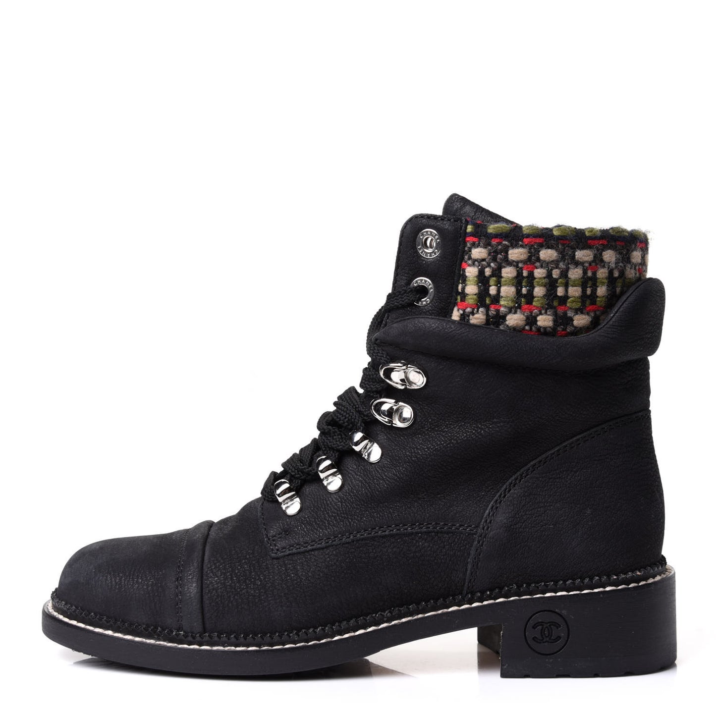 Calfskin Tweed Trim Lace Up Boots 38.5 Black Multicolor