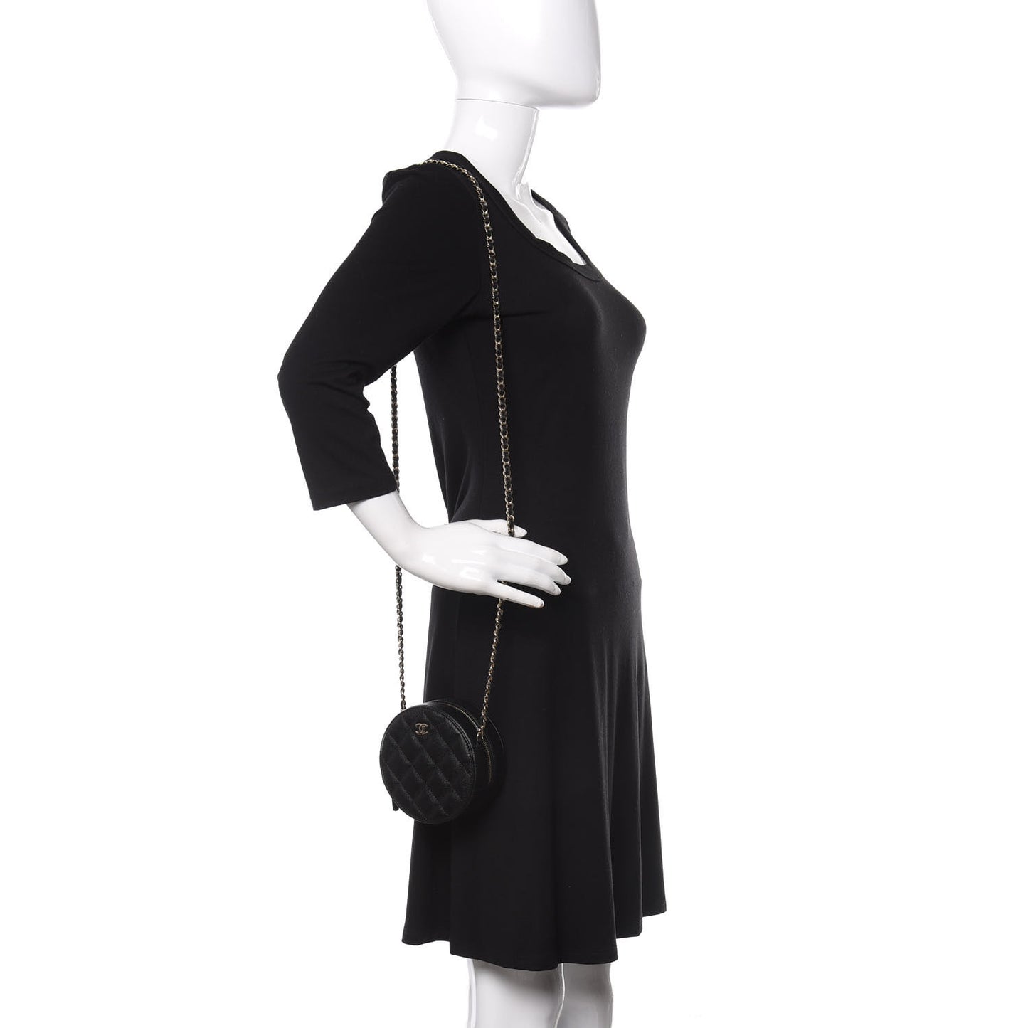 Caviar Quilted Round Clutch With Chain Black
