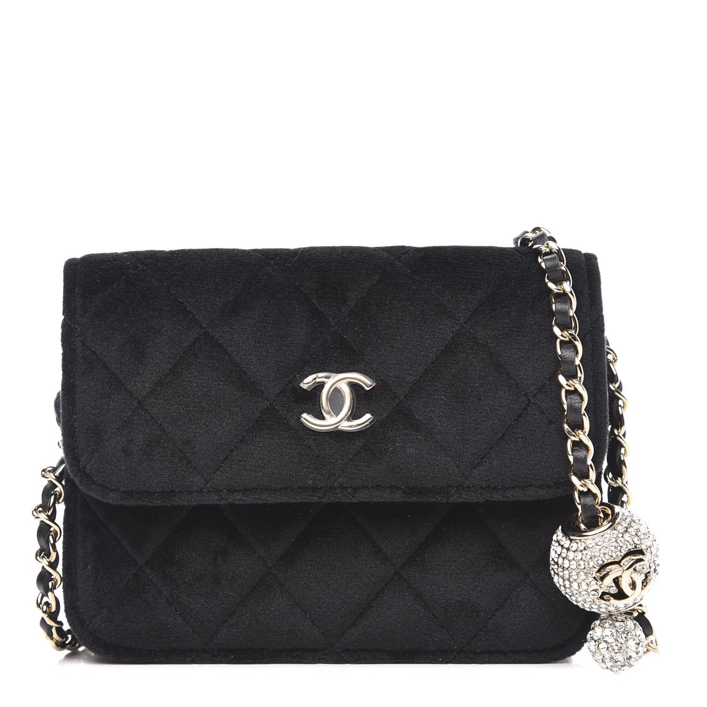 Velvet Quilted Pearl Crush Flap With Chain Black