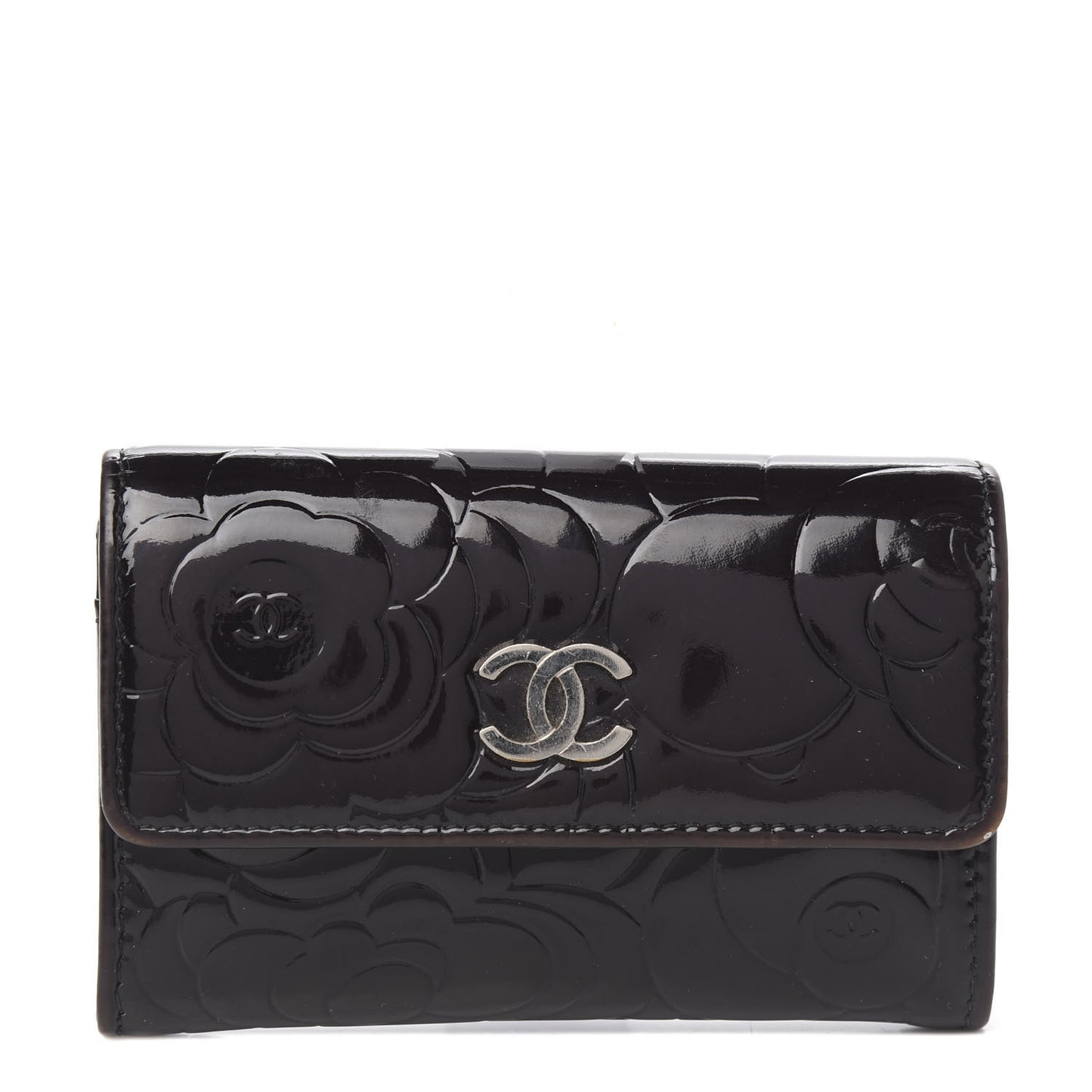 Patent Camellia Embossed Card Holder Black