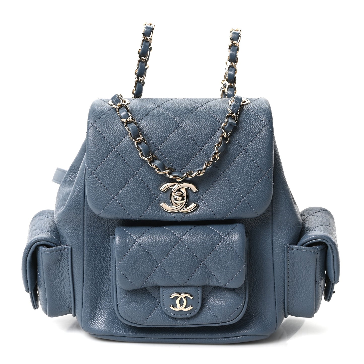 Shiny Caviar Quilted Small Duma Pockets Drawstring Backpack Blue