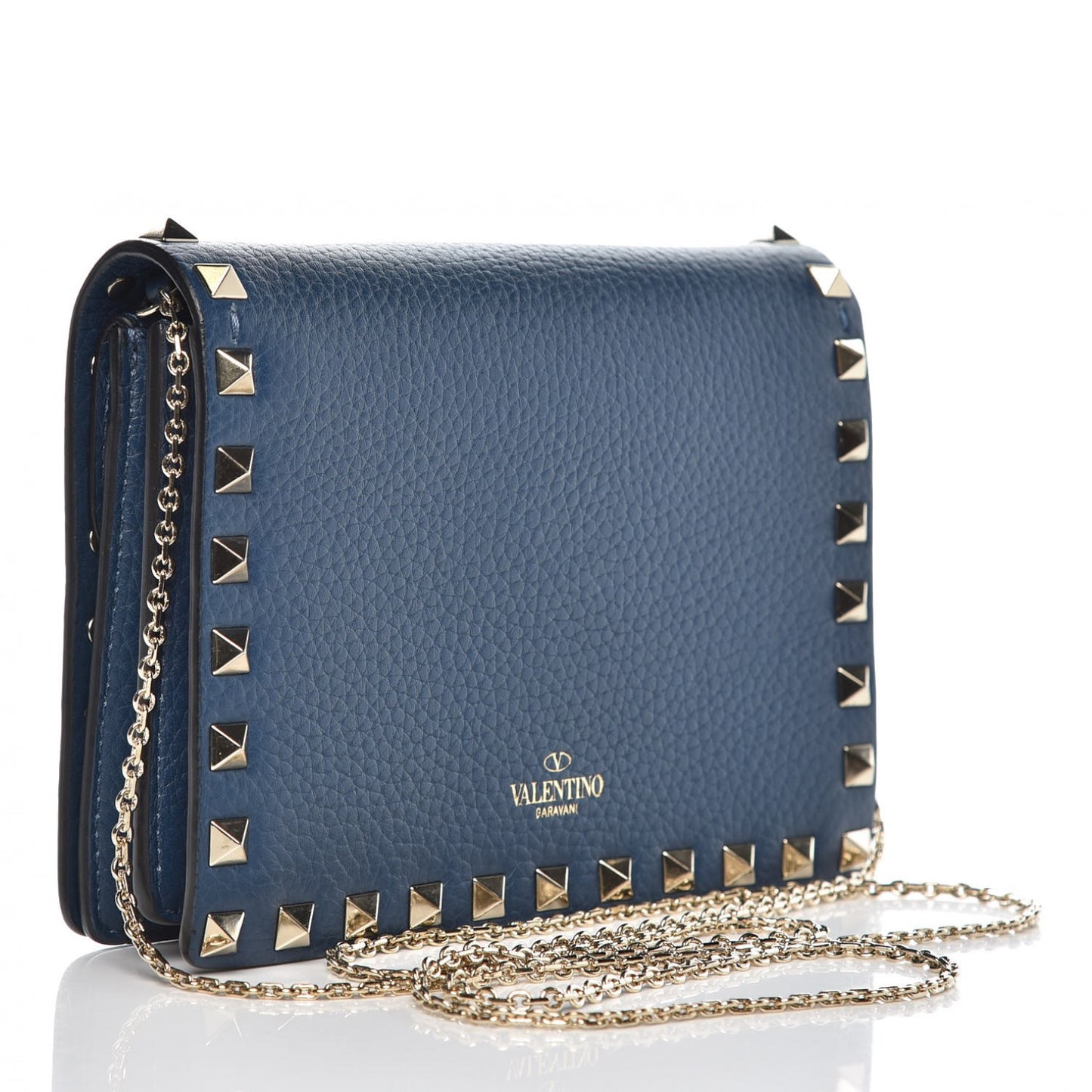 Grained Calfskin Rockstud Wallet on Chain Peacock