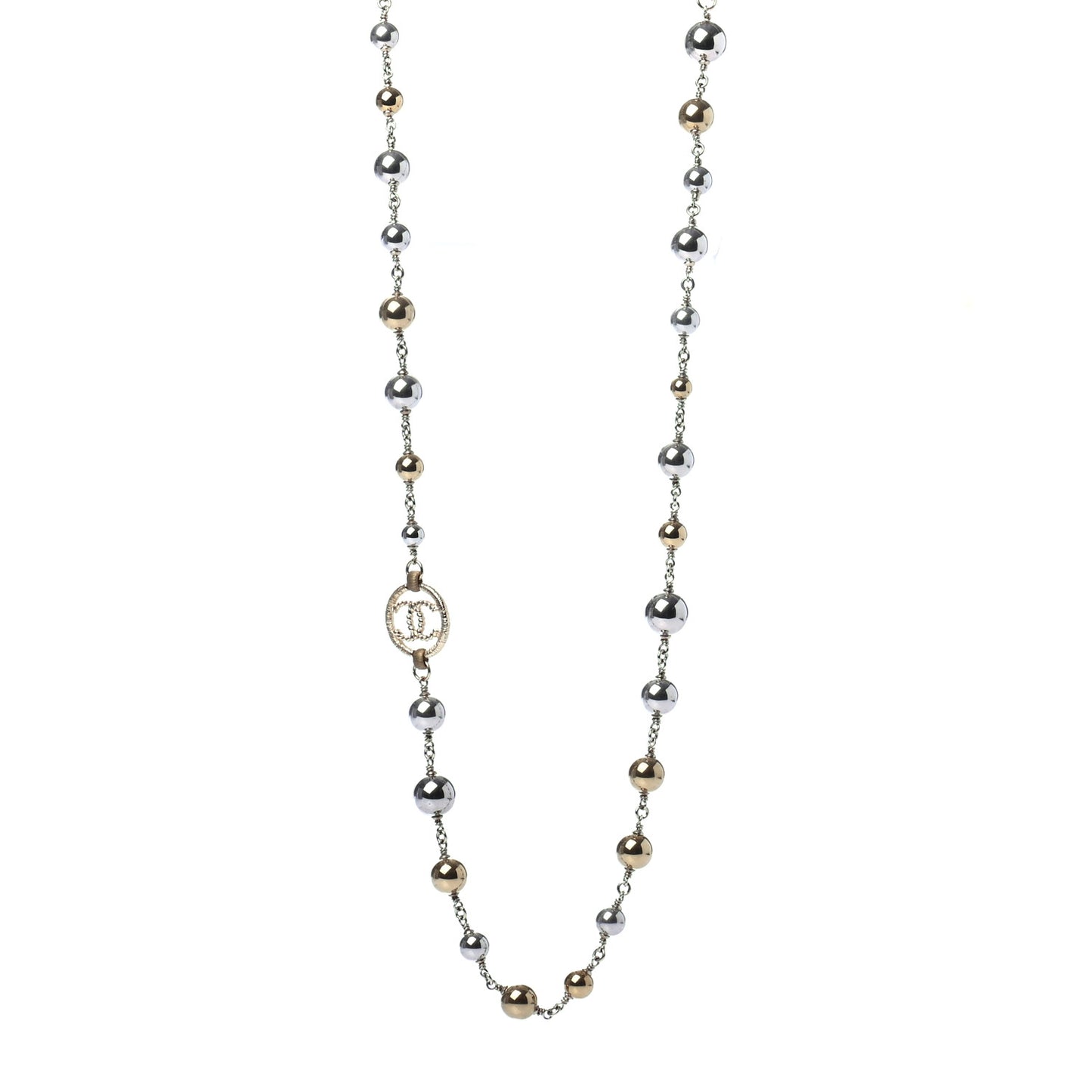Pearl Bead Enamel CC Long Necklace Gold Silver