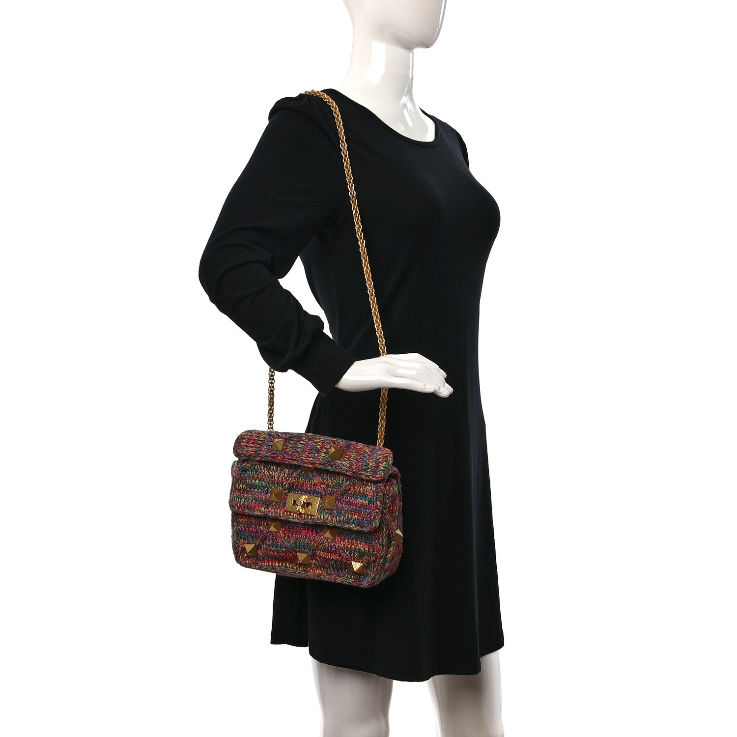 Valentino Garavani Wool Woven Medium Roman Stud Shoulder Bag Multicolor Feminine Pink 2 of 8