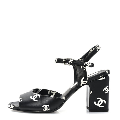 Chanel Printed Lambskin CC Sandals 37 Black White 1 of 8