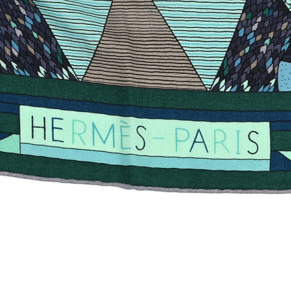 Hermes Cashmere Silk Patchwork Horse Shawl 140 Turquoise Vert Bleu 2 of 3