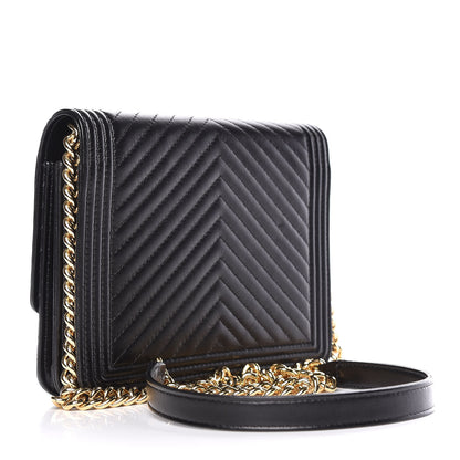 Chanel Lambskin Chevron Quilted Boy Square Wallet on Chain WOC Black 3 of 12