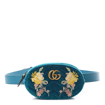 Gucci Velvet Matelasse Embroidered GG Marmont Belt Bag 105 42 Pavone Cyan 1 of 8