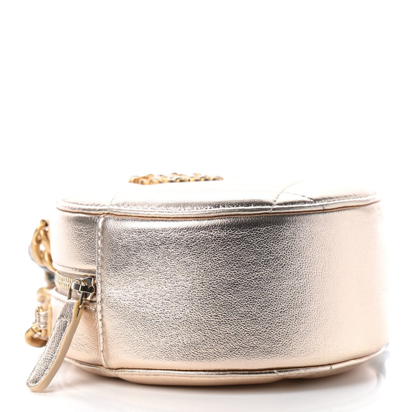 Metallic Lambskin Quilted Chanel 19 Round Clutch With Chain Gold
