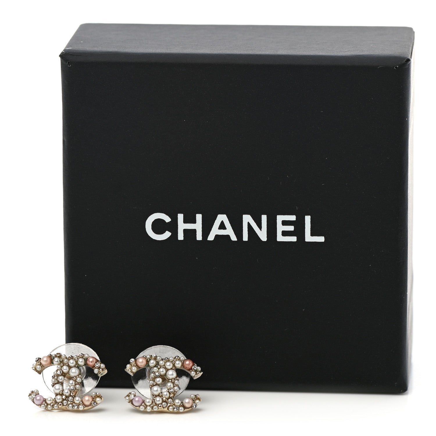 Chanel Pearl Crystal CC Charms Stud Earrings Light Gold Pink 6 of 6