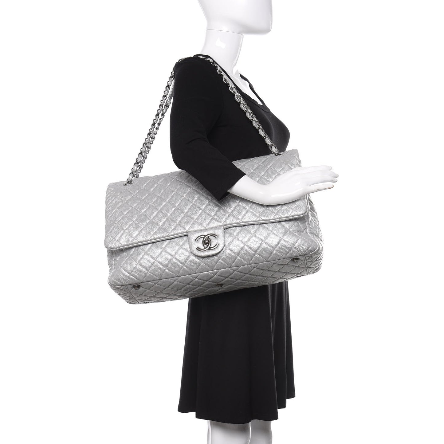 Metallic Calfskin Quilted XXL Travel Flap Bag Silver