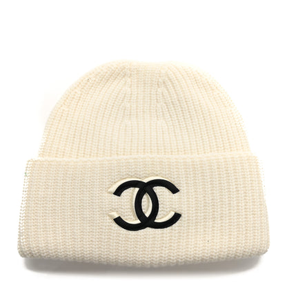 Chanel Wool Cashmere CC Beanie Hat White Black 1 of 4